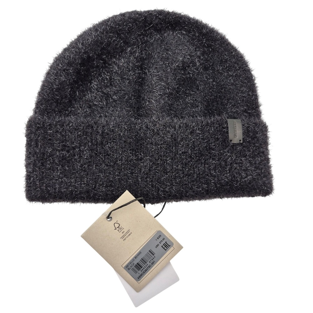 AllSaints Black Metallic Eyelash Knit Beanie Hat One Size Fits Most NWT
